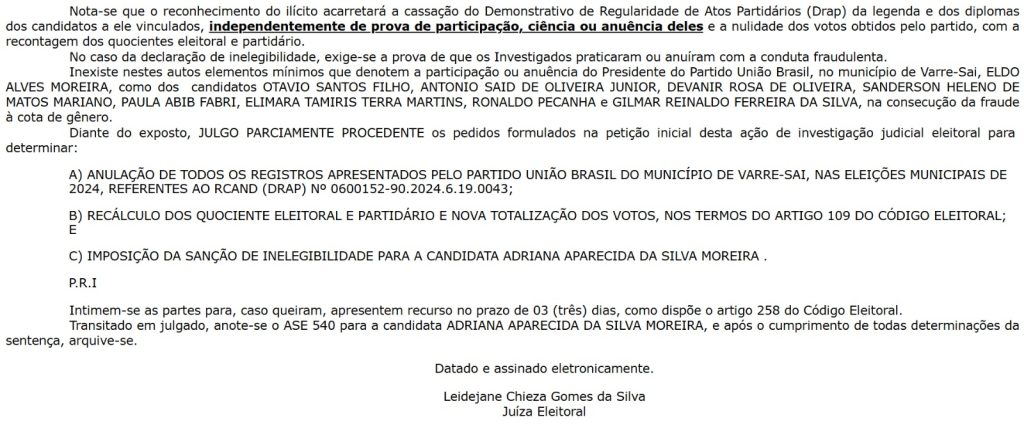 Justiça cassa chapa do União Brasil em Varre-Sai por fraude na cota de gênero
