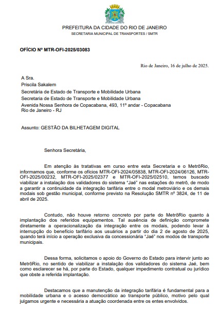 Prefeitura recorre à nova secretária estadual de Transportes para implementação do Jaé no metrô 62 Prefeitura pede apoio à nova secretária estadual de Transportes para implementação do Jaé no metrô