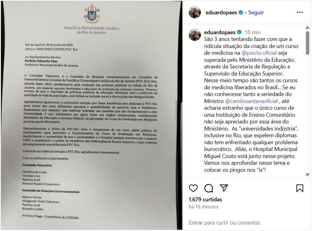Eduardo Paes cobra do MEC autorização para PUC criar curso de medicina 62 WhatsApp Image 2025 07 29 at 16.45.23