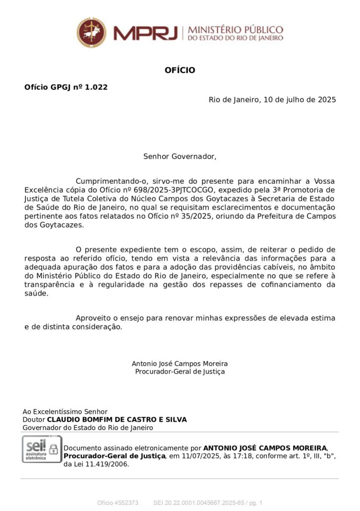 MP pede explicações a Castro sobre a falta de repasses dos recursos da Saúde a Campos 62 oficio procurador saude 1085x1536 1