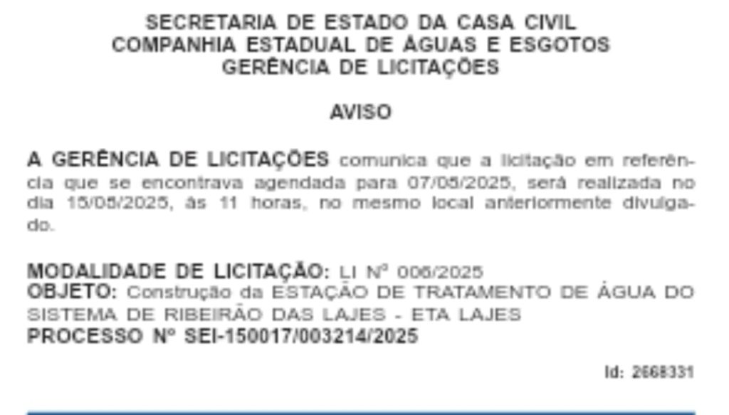 Ficou para depois: Cedae adia licitação bilionária de nova estação Ribeirão das Lajes