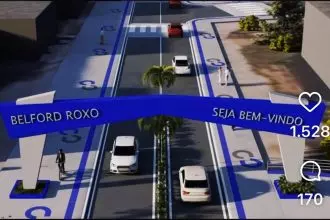 A imagem de como ficará o pórtico de Belford Roxo publicada pelo prefeito Márcio Canella nas redes sociais: estrutura vai ganhar o azul no lugar do laranja
