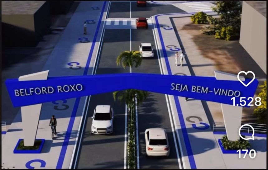 A imagem de como ficará o pórtico de Belford Roxo publicada pelo prefeito Márcio Canella nas redes sociais: estrutura vai ganhar o azul no lugar do laranja