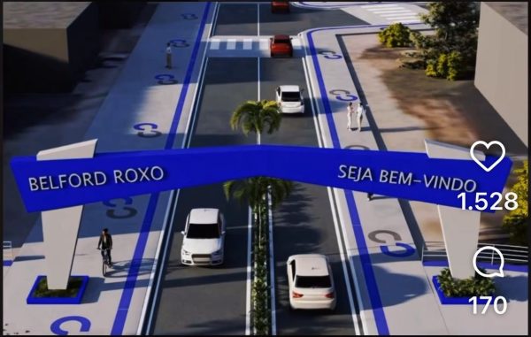 A imagem de como ficará o pórtico de Belford Roxo publicada pelo prefeito Márcio Canella nas redes sociais: estrutura vai ganhar o azul no lugar do laranja