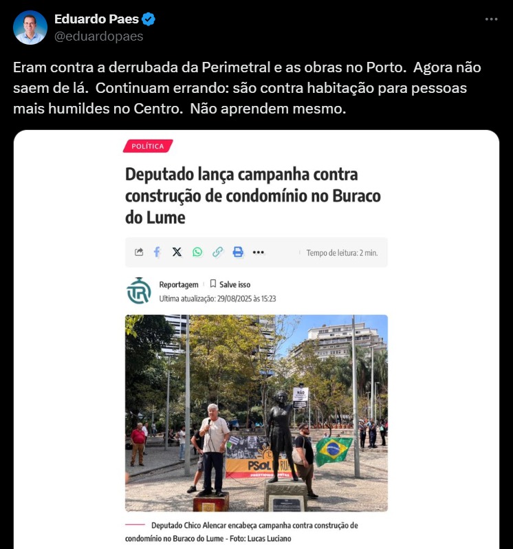 Eduardo Paes ataca Chico Alencar por campanha contra condomínio no Buraco do Lume: 'não aprendem' 62 WhatsApp Image 2025 08 29 at 17.40.44