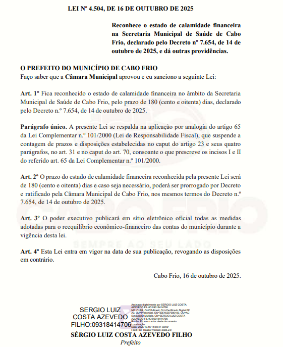Cabo Frio decreta estado de calamidade financeira na Saúde 62 Captura de tela 2025 10 17 142854