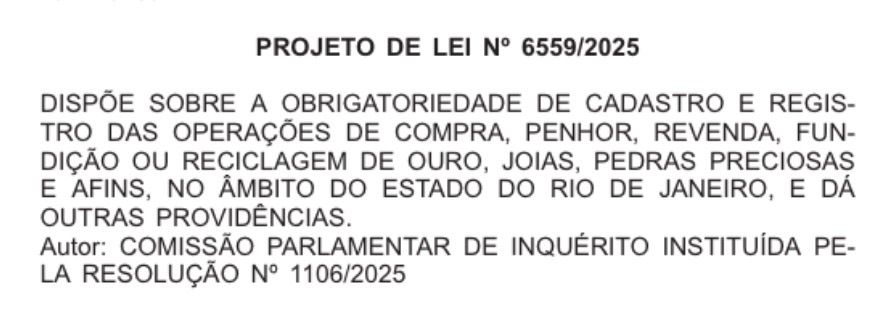 Compra e venda de joias no estado entra na mira da CPI das Câmeras em novo projeto de lei 62 Do joias