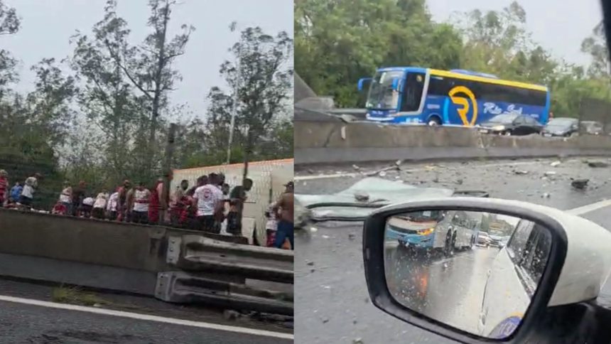 Ônibus com torcedores do Flamengo tomba e fecha pista da Via Dutra 61 Ônibus com torcedores do Flamengo tomba e fecha pista da Via Dutra