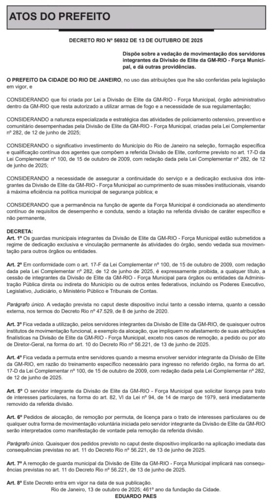 Paes publica decreto proibindo o 'empréstimo' dos integrantes da Divisão de Elite da Guarda Municipal a outros órgãos 62 WhatsApp Image 2025 10 14 at 06.39.38