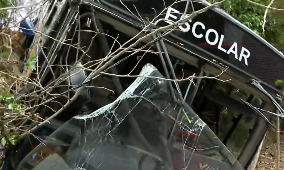 Ninguém ficou ferido; ônibus escolar estava estacionado na parte alta do barranco - Foto: Reprodução/RJTV