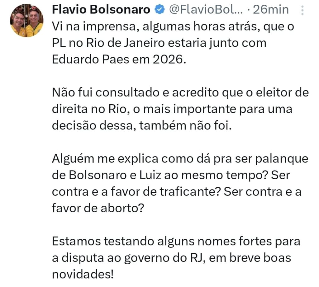 Senador usou perfil nas redes sociais para comentar aproximação entre Paes e PL - Foto: Reprodução/X