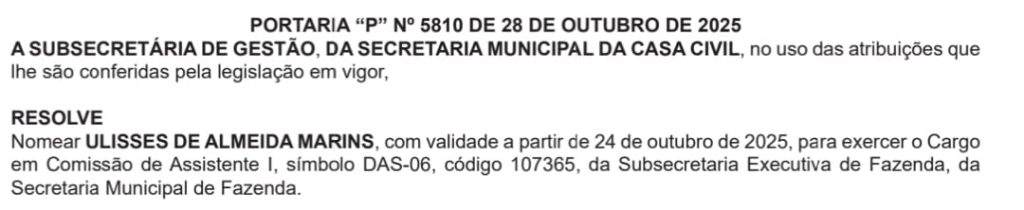 Vereador não reeleito, Ulisses Marins é nomeado assistente na Secretaria de Fazenda da Prefeitura do Rio 62 WhatsApp Image 2025 10 29 at 06.52.47
