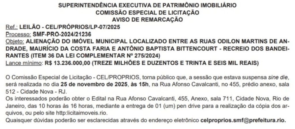 Agora vai? Prefeitura do Rio remarca, para novembro, o leilão de terreno no Recreio que tem o lance mínimo de R$ 13,2 milhões 62 WhatsApp Image 2025 10 29 at 07.32.49