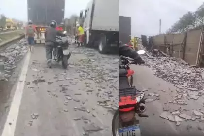 Faixa da Dutra precisou ser interditada após caminhão de mármore tombar na pista