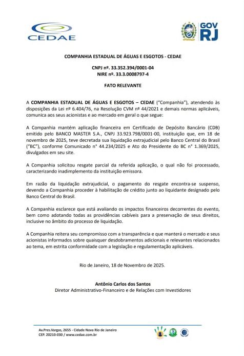 Cedae investiu mais de R$ 230 milhões em CDB do Banco Master, liquidado pelo BC; resgate não foi pago 63 83d8bc3a 5985 4ba2 896a d9898b3a0889