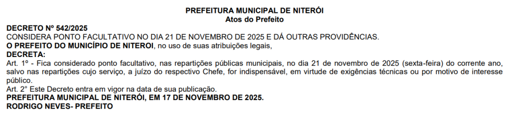 Demorou, mas veio: Niterói decreta ponto facultativo na na sexta, 21, após feriado do Dia da Consciência Negra 62 Captura de tela 2025 11 18 072208