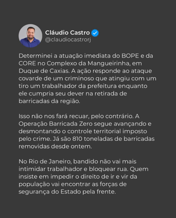 Castro anunciou ofensiva policial em postagem nas redes - Foto: Reprodução/Redes Sociais