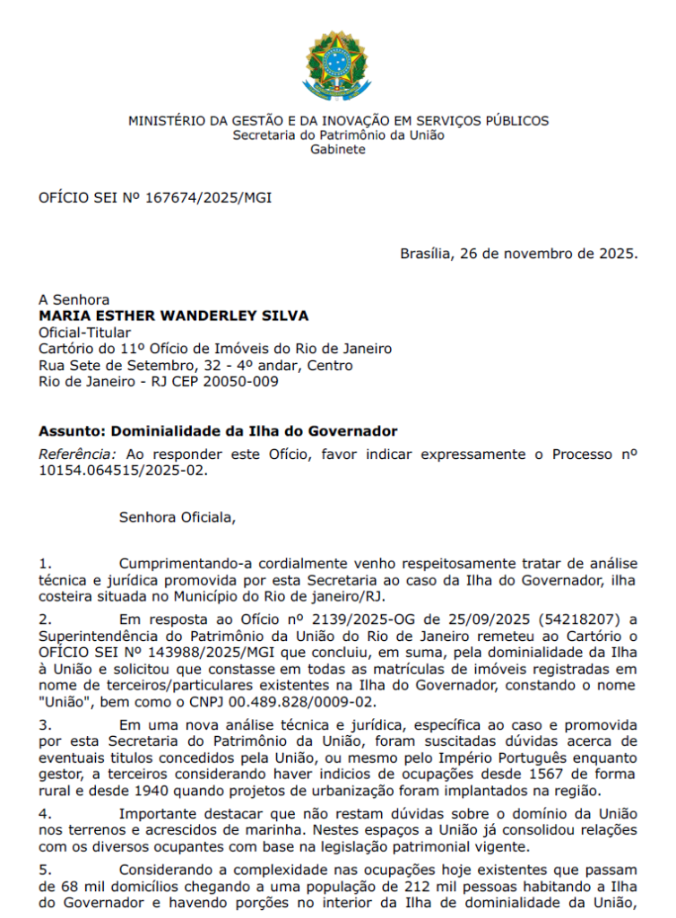Ofício sobre cobrança de laudêmio na Ilha do Governador - página 01