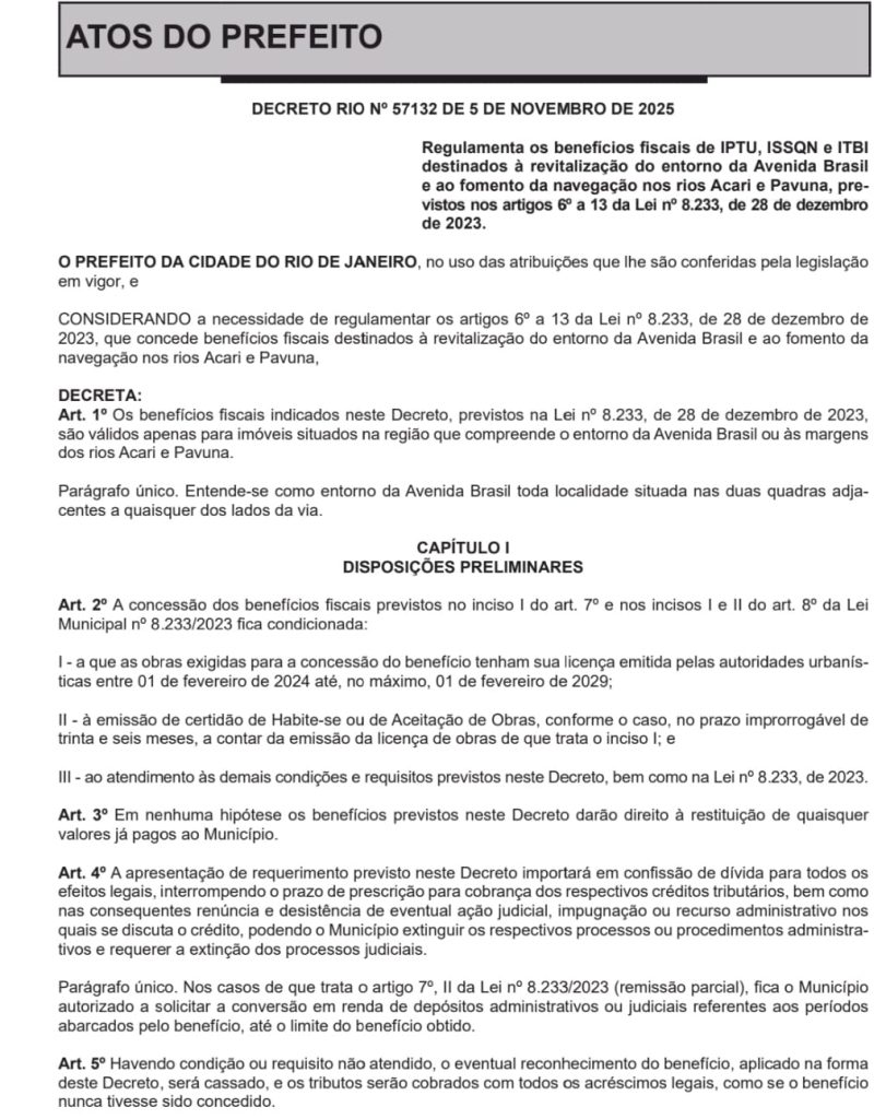 Paes regulamenta a concessão de benefícios fiscais para revitalizar imóveis e empreendimentos situados às margens da Avenida Brasil 62 WhatsApp Image 2025 11 06 at 06.59.46