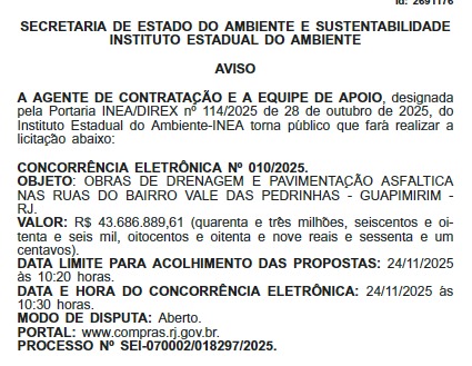 Inea abre licitação de R$ 43,6 milhões para drenagem e pavimentação em ruas de Guapimirim, na Baixada Fluminense 62 WhatsApp Image 2025 11 06 at 17.14.46