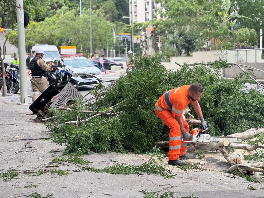 Em Copacabana, na Zona Sul, árvores interditaram vias, prejudicando a circulação de pedestres e veículos.