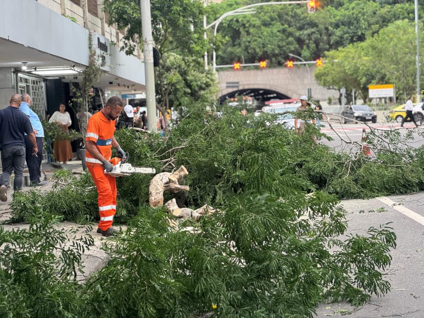 Equipes da Comlurb trabalham para desobstruir a avenida Princesa Isabel, em Copacabana, interditada devido à queda de árvores