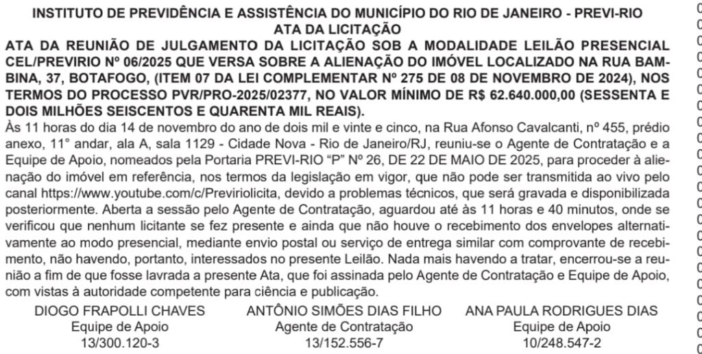 Flopou: leilão de imóvel do Previ-Rio em Botafogo não teve interessados; lance mínimo foi aumentado e chegou a R$ 62,6 milhões 62 WhatsApp Image 2025 11 17 at 11.01.21 1