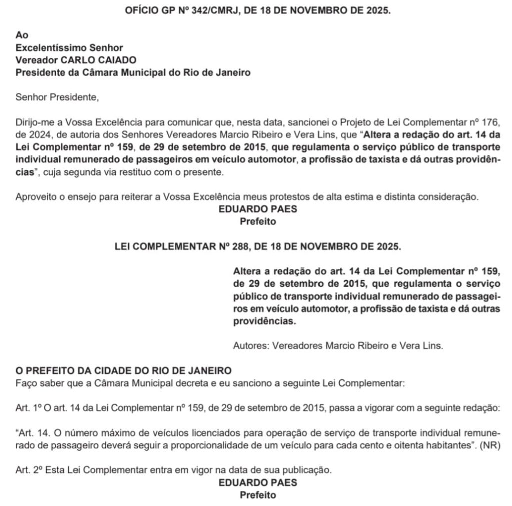 Agora é pra valer: Paes sanciona lei que aumenta número de táxis no Rio 62 WhatsApp Image 2025 11 19 at 07.00.16