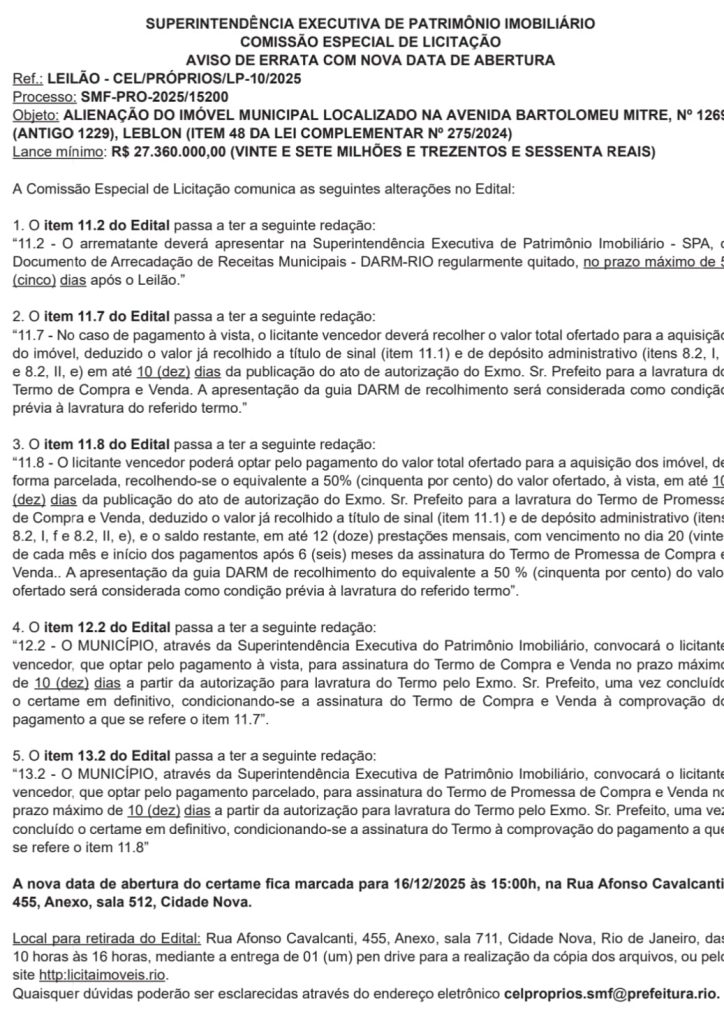 Prefeitura remarca leilão de imóvel no bairro nobre do Leblon; valor do lance mínimo é reduzido e fica em R$ 27,36 milhões 63 WhatsApp Image 2025 11 25 at 21.06.28