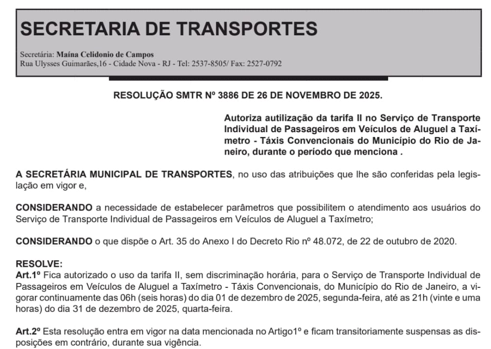 Décimo-terceiro dos taxistas: Prefeitura do Rio autoriza o uso da tarifa 2 no mês de dezembro 62 WhatsApp Image 2025 11 27 at 07.19.02