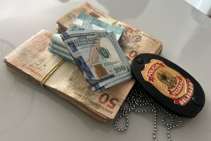 Além do valor em reais, também foram encontrados pela PF 600 dólares e uma pistola.