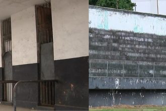 A má conservação do Estádio Caio Martins, em Niterói, pode ser constatada do lado de fora e de dentro