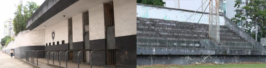 A má conservação do Estádio Caio Martins, em Niterói, pode ser constatada do lado de fora e de dentro