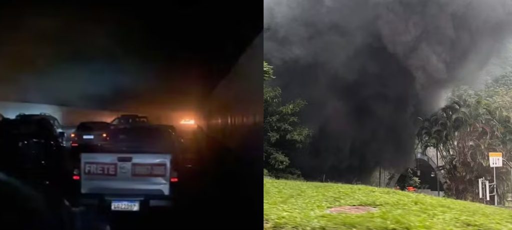 Incêndio em ônibus, galinhas, colisão; acidentes em três túneis deixam trânsito caótico no Rio nesta quinta (06) 62 Ônibus pegou fogo no interior da galeria - Foto: Reprodução/Redes Sociais