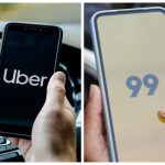 Logos das empresas de transporte por aplicativo Uber e 99 em celulares