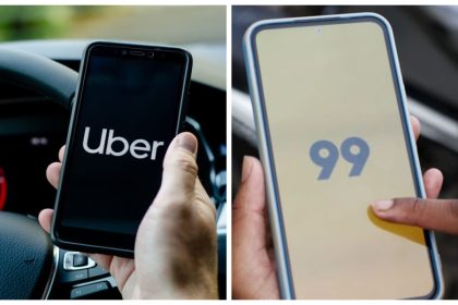 Logos das empresas de transporte por aplicativo Uber e 99 em celulares