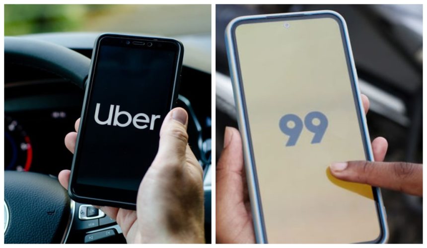 Logos das empresas de transporte por aplicativo Uber e 99 em celulares