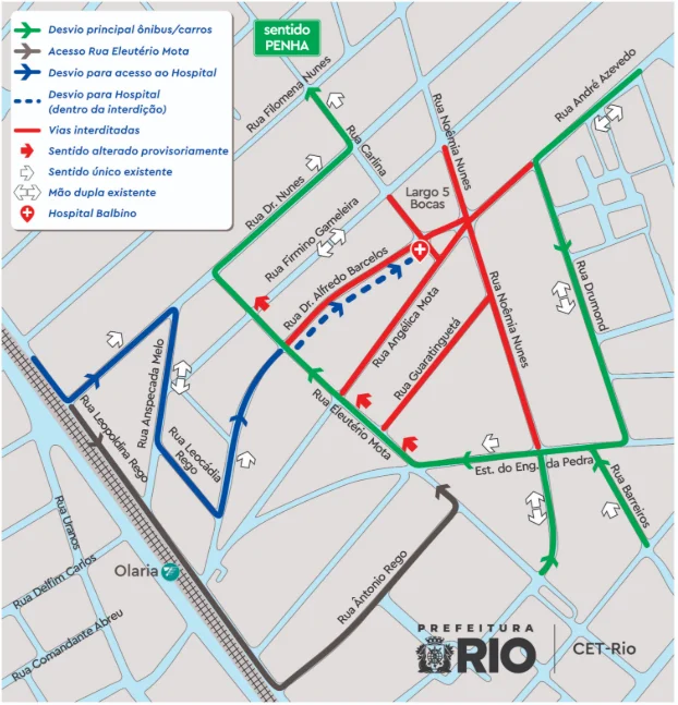 Mapa com interdições e desvios para realização de obras em Olaria