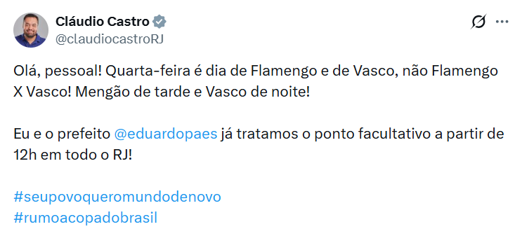 Castro segue Paes e confirma ponto facultativo em todo o Rio para a final entre Flamengo e PSG na quarta (17) 62 Captura de tela 2025 12 15 095943