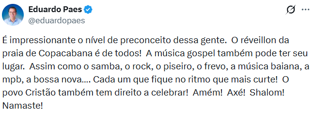 Depois de críticas ao Palco Gospel no réveillon 2026, Paes de todos os santos rebate: 'Copacabana é de todos' 62 Captura de tela 2025 12 28 113558