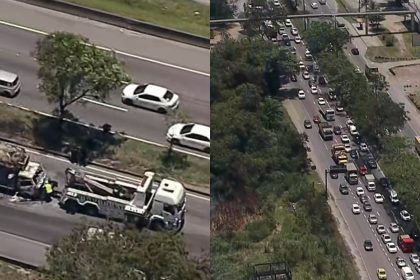 Caminhão pega fogo e fecha trecho da Avenida Brasil, no sentido Centro