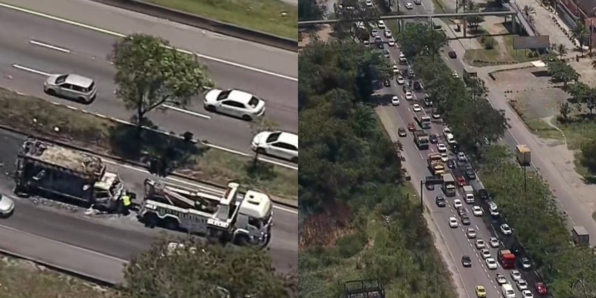 Caminhão pega fogo e fecha trecho da Avenida Brasil, no sentido Centro