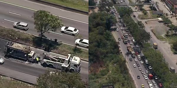 Caminhão pega fogo e fecha trecho da Avenida Brasil, no sentido Centro