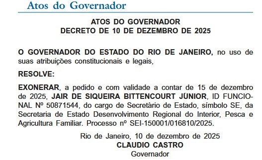 Jair Bittencourt deixa a Secretaria de Interior, Pesca e Agricultura Familiar para voltar à Assembleia; Castro não nomeou substituto 62 WhatsApp Image 2025 12 11 at 08.10.50