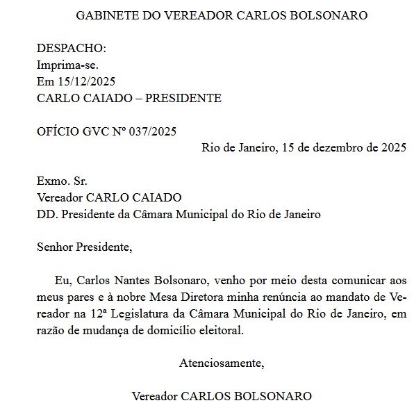 Carlos Bolsonaro assina, de próprio punho, sua renúncia à Câmara de Vereadores do Rio; carta é publicada no Diário Oficial 62 WhatsApp Image 2025 12 15 at 06.31.32