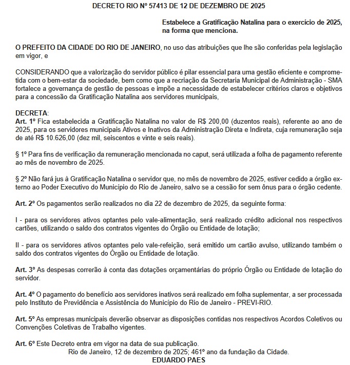 Servidores da Prefeitura do Rio com salários até R$ 10 mil receberão gratificação de Natal; benefício de R$ 200 será pago no dia 22 62 WhatsApp Image 2025 12 15 at 06.37.31