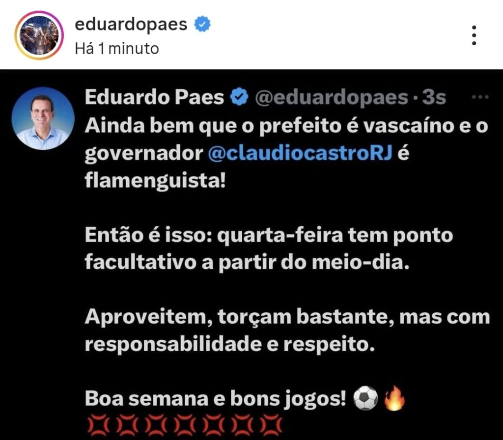 Paes anuncia ponto facultativo na quarta-feira, a partir de meio-dia, para a final do Flamengo contra o PSG 62 WhatsApp Image 2025 12 15 at 08.26.02