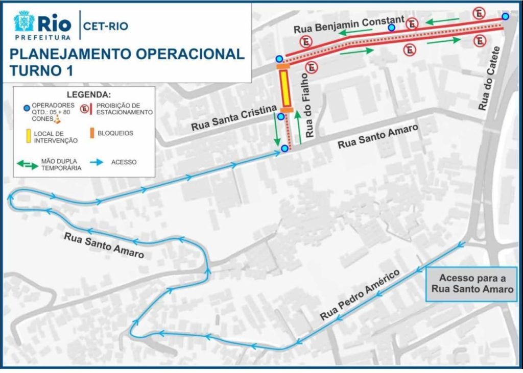 Obras da Prefeitura provocam alterações viárias no bairro da Glória até fevereiro 62 Ilustração com esquema de trânsito para obras na Rua do Fialho, na Glória