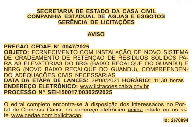 Licitação da Cedae termina com proposta R$ 16 milhões mais cara e vira alvo de recurso 62 WhatsApp Image 2025 12 17 at 19.06.58