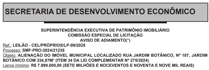 Já pode pedir música no 'Fantástico': prefeitura adia, pela terceira vez, leilão de imóvel no Jardim Botânico que tem lance mínimo de R$ 8 milhões 62 WhatsApp Image 2025 12 18 at 07.54.57